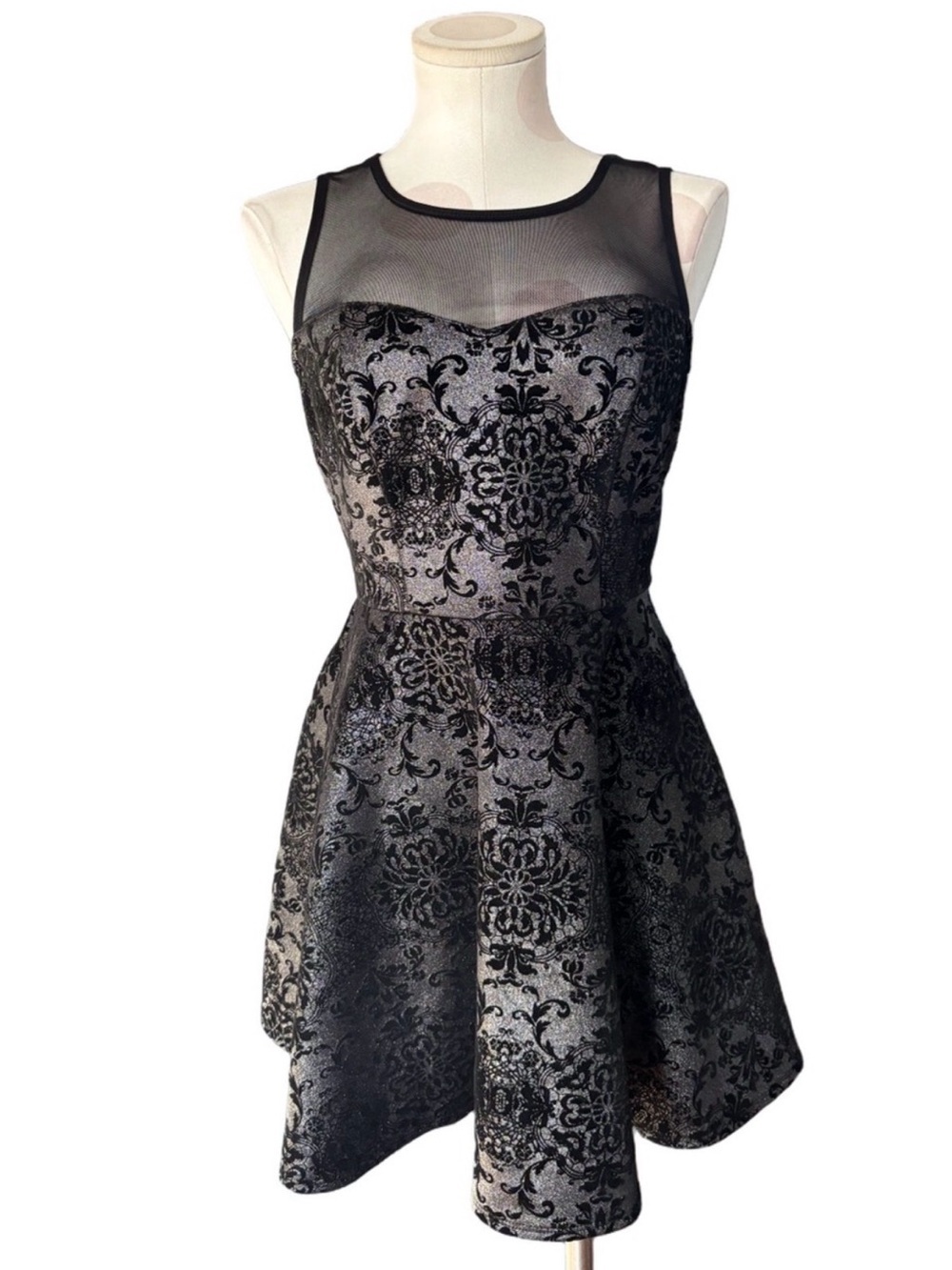 Fit & Flare Brocade Party Dress - whimsygoth- Black Silver Metallic Damask - L